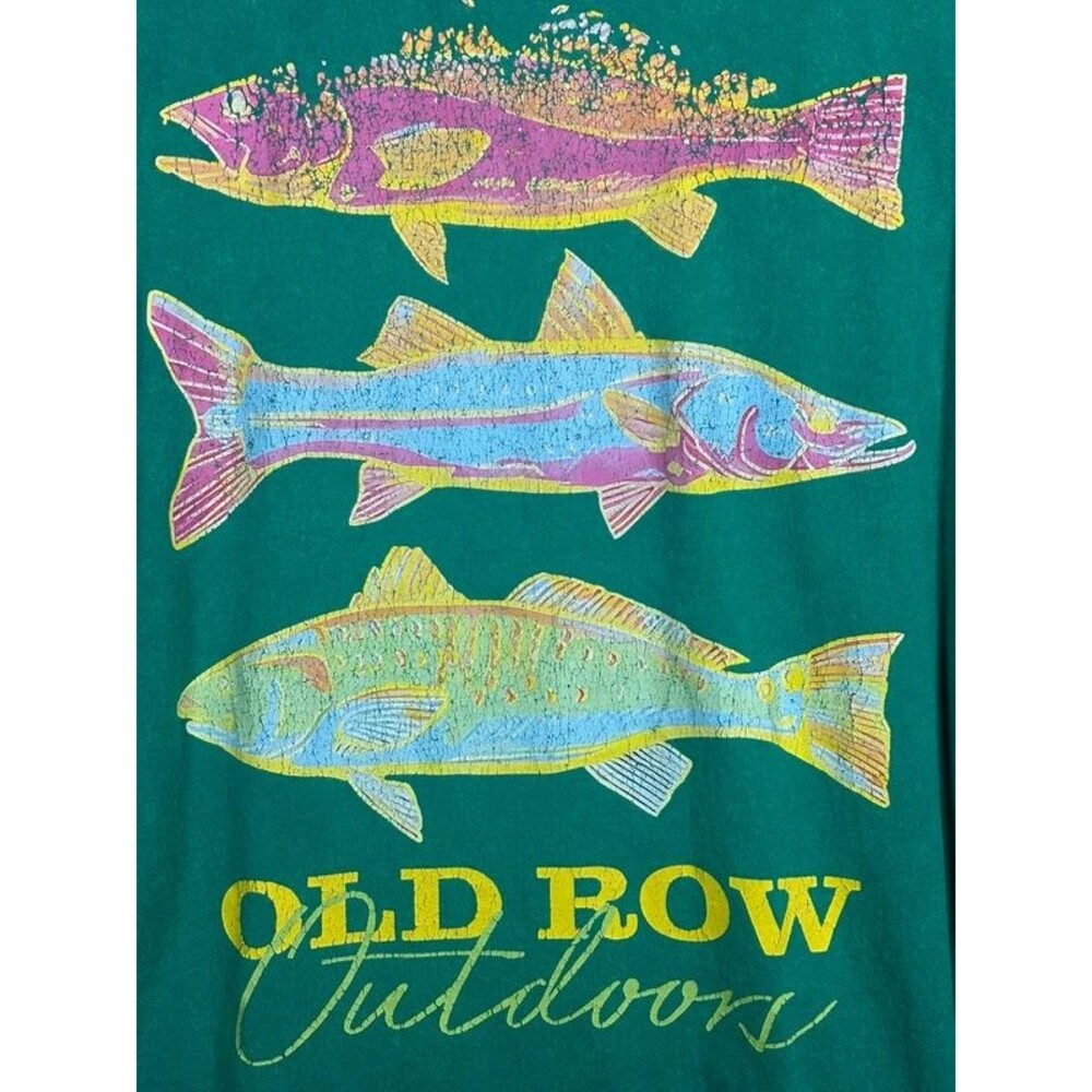 Vintage Y2K Old Row Outdoors Fishing T-Shirt Green Fish Graphic Mens M